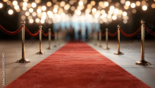 A red carpet leads to a glamorous event, illuminated by soft lights.