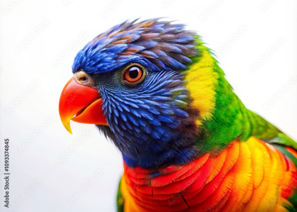 Naklejka premium Vibrant Rainbow Lorikeet Portrait on White Background Showcasing Colorful Feathers and Distinctive Characteristics of This Beautiful Parrot Species