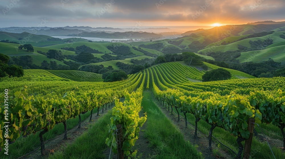 Naklejka premium Lush vineyard landscape at sunset with rows of grapevines and rolling hills.