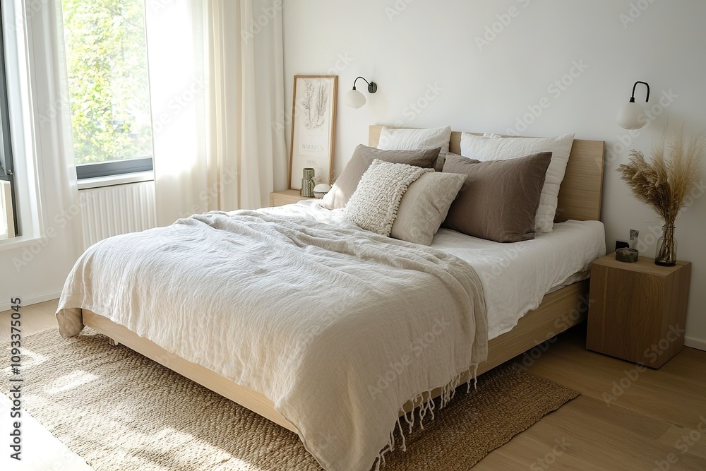 Obraz premium Sunny modern bedroom with neat, cozy bed