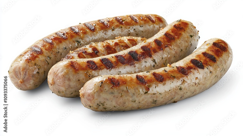 Bavarian sausages are grilled and isolated on a white background. They have a golden brown color and are slightly charred. The sausages are plump and juicy, with a savory aroma Bavarian sausages are grilled and isolated on a white background. They have a golden brown color and are slightly charred. The sausages are plump and juicy, with a savory aroma