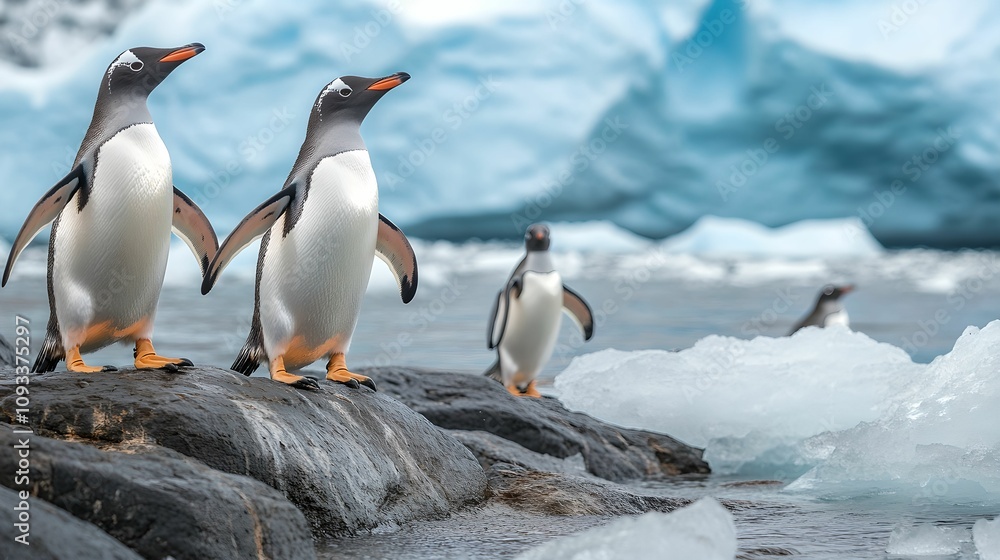 Naklejka premium Adélie Penguins in Antarctica, ice, wildlife, nature, adventure