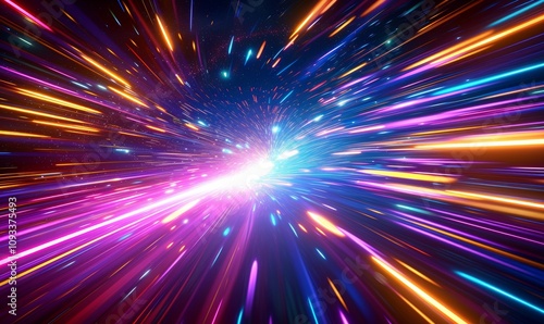 Light speed, hyperspace, space warp background. colorful streaks of light gathering towards the event horizon, Generative AI