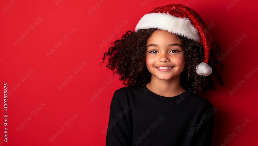 A smiling child wearing a Santa hat against a red background. A smiling child wearing a Santa hat against a red background.