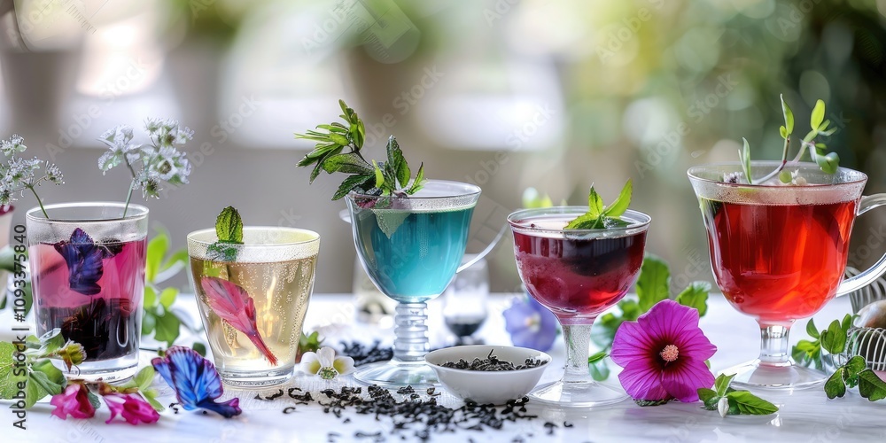 Variety of trendy teas arranged on a white table, including matcha, butterfly pea flower tea, and hibiscus tea, each served in delicate glassware with fresh garnishes Variety of trendy teas arranged on a white table, including matcha, butterfly pea flower tea, and hibiscus tea, each served in delicate glassware with fresh garnishes