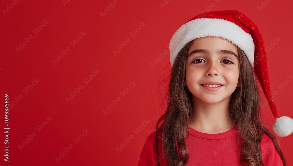 A smiling child wearing a Santa hat against a red background. A smiling child wearing a Santa hat against a red background.