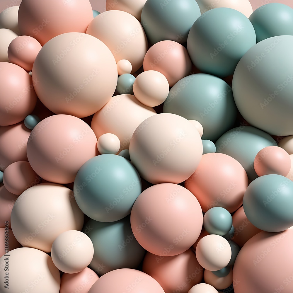 Digital artwork of smooth, spherical shapes in pastel shades of pink, blue, and white, arranged in a seamless overlapping pattern, evoking calm and balance. Digital artwork of smooth, spherical shapes in pastel shades of pink, blue, and white, arranged in a seamless overlapping pattern, evoking calm and balance.
