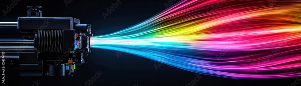 Naklejka premium A vibrant display of colored light emanates from a nozzle, creating dynamic streaks against a dark background, symbolizing creativity and technology.