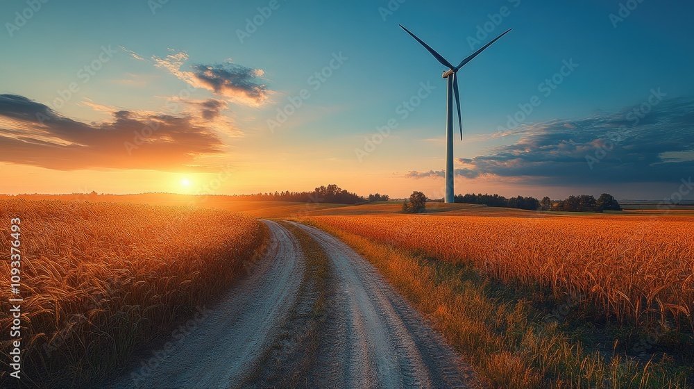 Obraz premium A serene landscape featuring a dirt road, fields, and a wind turbine at sunset.