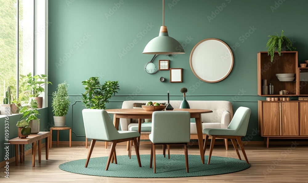 Mint color chairs at round wooden dining table in room with sofa and cabinet near green wall. Scandinavian, mid-century home interior design of modern, Generative AI Mint color chairs at round wooden dining table in room with sofa and cabinet near green wall. Scandinavian, mid-century home interior design of modern, Generative AI