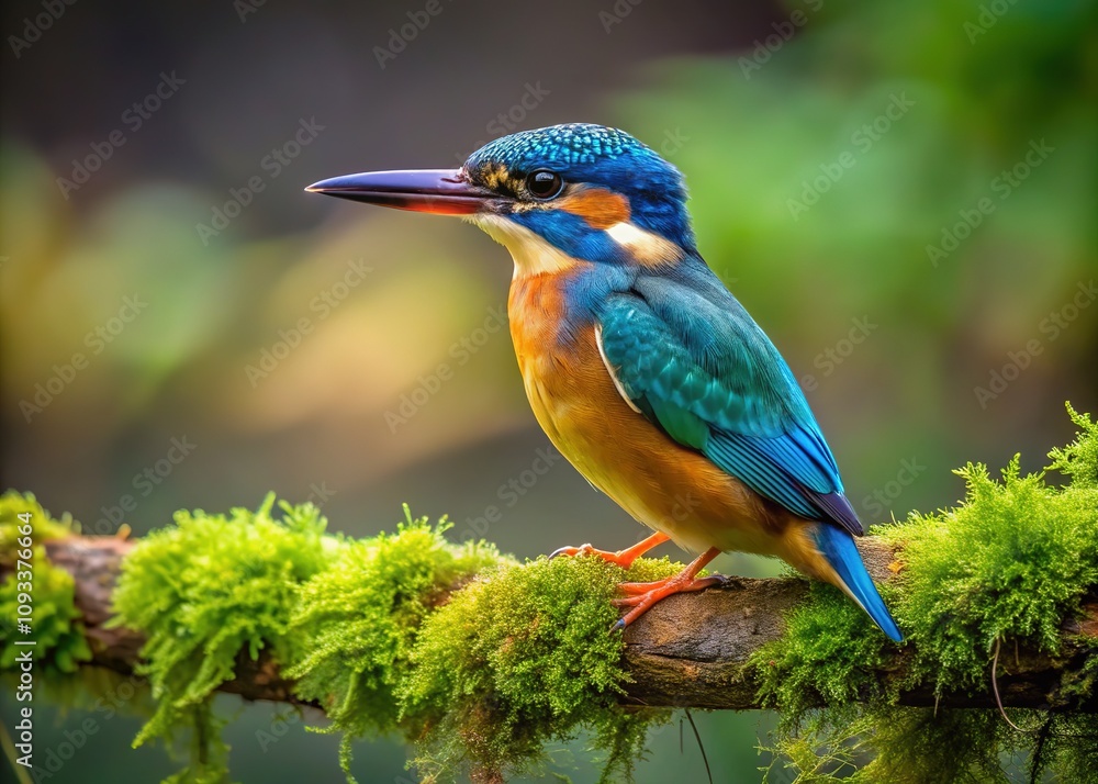 Fototapeta premium Macro view: kingfisher on a mossy limb, wildlife detail.