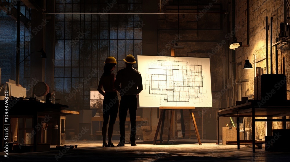 Intense moody architectural studio night scene with detailed blueprint Intense moody architectural studio night scene with detailed blueprint