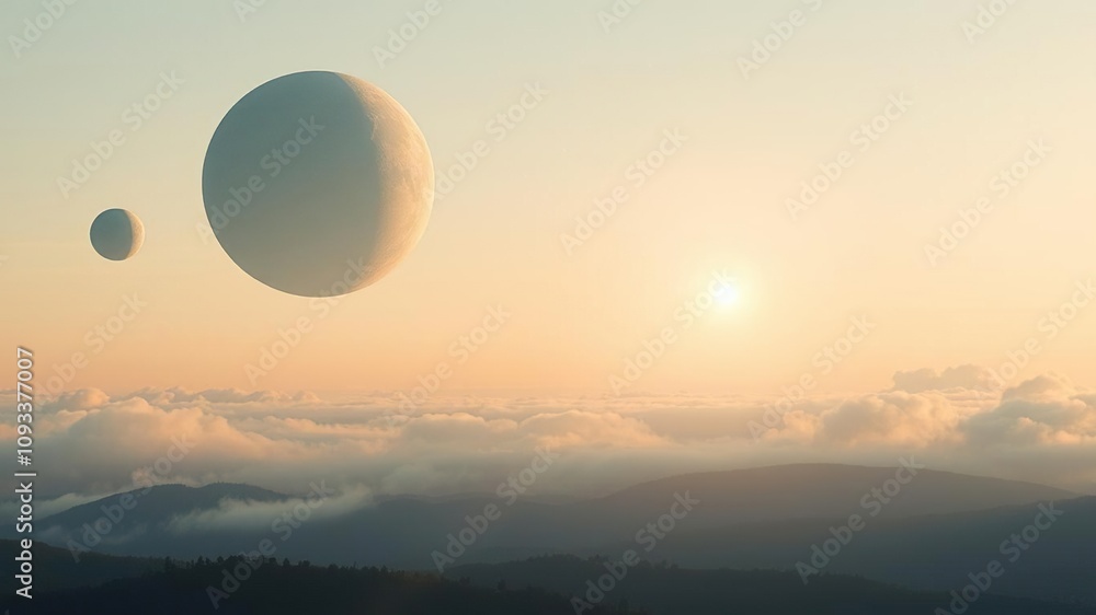 Celestial bodies suspended in mid-air cast an ethereal glow over a serene landscape, with soft, feathery clouds drifting lazily across the sky, luminous, celestial Celestial bodies suspended in mid-air cast an ethereal glow over a serene landscape, with soft, feathery clouds drifting lazily across the sky, luminous, celestial