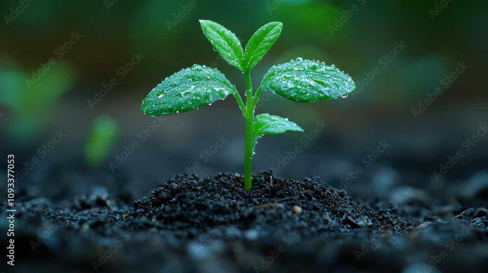 A small green seedling emerges from dark soil, glistening with water droplets, representing growth and new beginnings in a natural environment. A small green seedling emerges from dark soil, glistening with water droplets, representing growth and new beginnings in a natural environment.