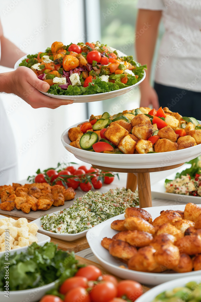 Delicious spread of fresh salads and appetizers at a vibrant gathering Delicious spread of fresh salads and appetizers at a vibrant gathering