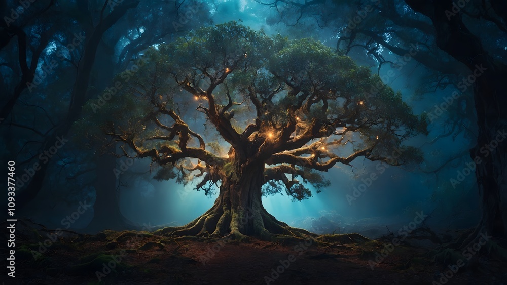 Enchanted Tree in a Misty Forest With Glowing Lights Enchanted Tree in a Misty Forest With Glowing Lights