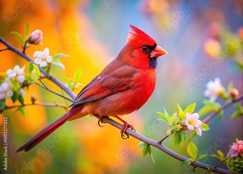 Miniature cardinal, majestic in its smallness, finds a home amongst branches, a tilt-shift dream.