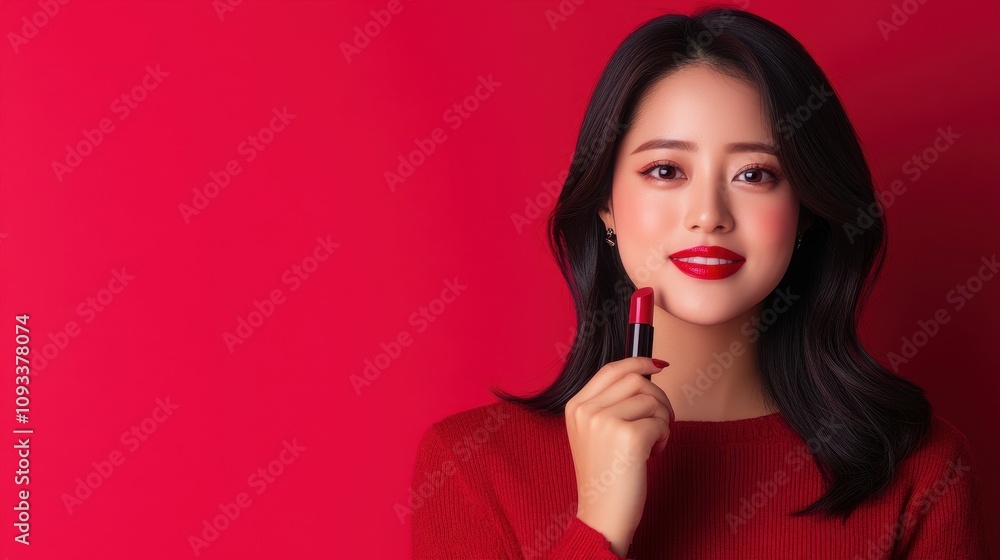 Glamorous Action Shot of Model Applying Rich Shiny Lipstick Against Vibrant Red Background Glamorous Action Shot of Model Applying Rich Shiny Lipstick Against Vibrant Red Background
