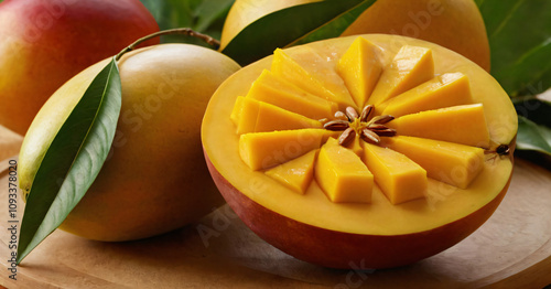 Slice Mengo on a plate,Mango on a Plate - Fresh and Juicy Slices of Ripe Mango Arranged Neatly on a Plate, Perfect for a Tropical Treat or Healthy Snack photo