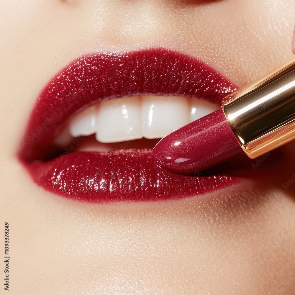 Obraz premium Close-Up of Glamorous Rich Velvety Lipstick Being Applied to Beautiful Lips, Showcasing the Shine and Texture of the Cosmetic
