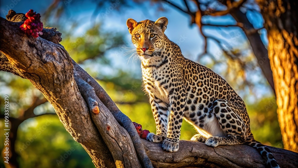 Fototapeta premium Minimalist prey, leopard in tree, nature's silent dance.