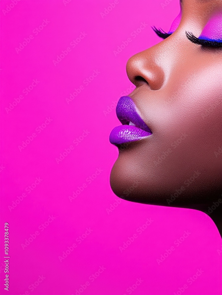 Stunning Portrait of a Woman with Bold Lipstick and Vibrant Makeup Against a Bright Pink Background, Showcasing a Modern and Fashion-Forward Aesthetic Stunning Portrait of a Woman with Bold Lipstick and Vibrant Makeup Against a Bright Pink Background, Showcasing a Modern and Fashion-Forward Aesthetic