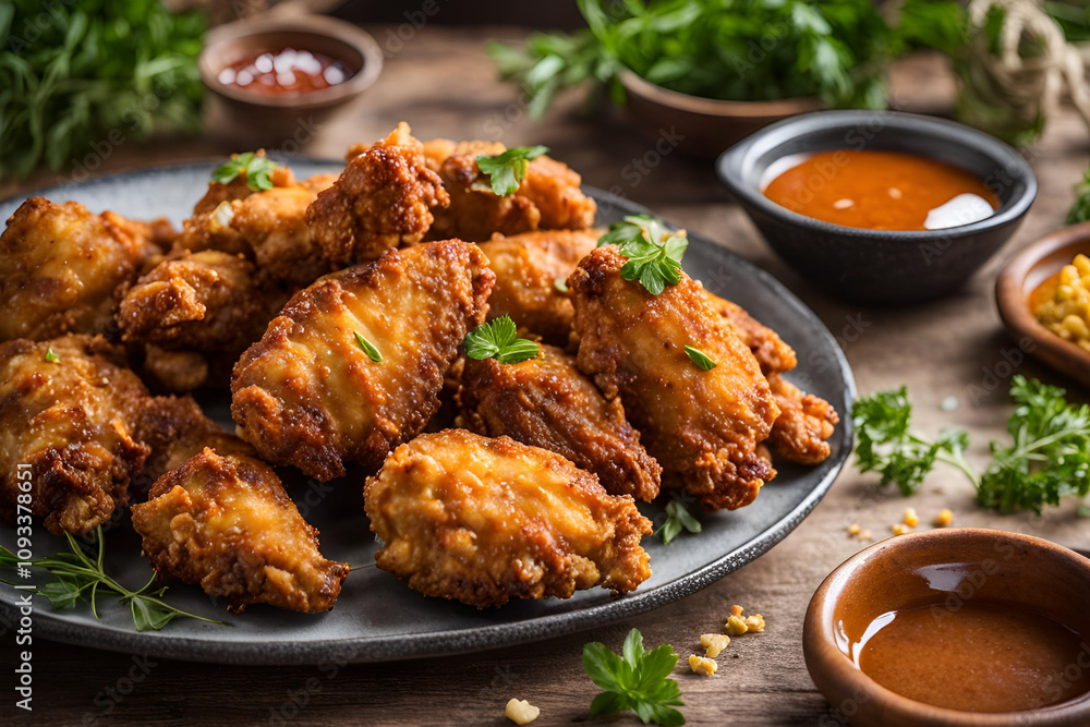 Golden, crispy fried chicken pieces with a crunchy coating, served on a rustic plate with a side of tangy dipping sauce and a sprinkle of fresh herbs, set against a warm, inviting background. Golden, crispy fried chicken pieces with a crunchy coating, served on a rustic plate with a side of tangy dipping sauce and a sprinkle of fresh herbs, set against a warm, inviting background.