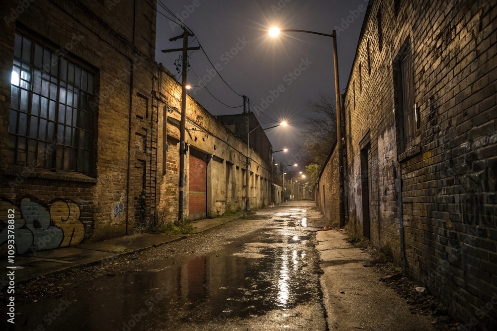 Damp alleyway with peeling brick walls and flickering streetlights, urban erosion, rusty gates, weathered facades, dimly lit alleys Damp alleyway with peeling brick walls and flickering streetlights, urban erosion, rusty gates, weathered facades, dimly lit alleys