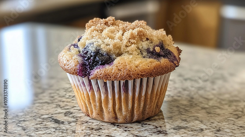 Muffinka jagodowa prosto z pieca, z wierzchem pokrytym chrupiącą kruszonką. photo