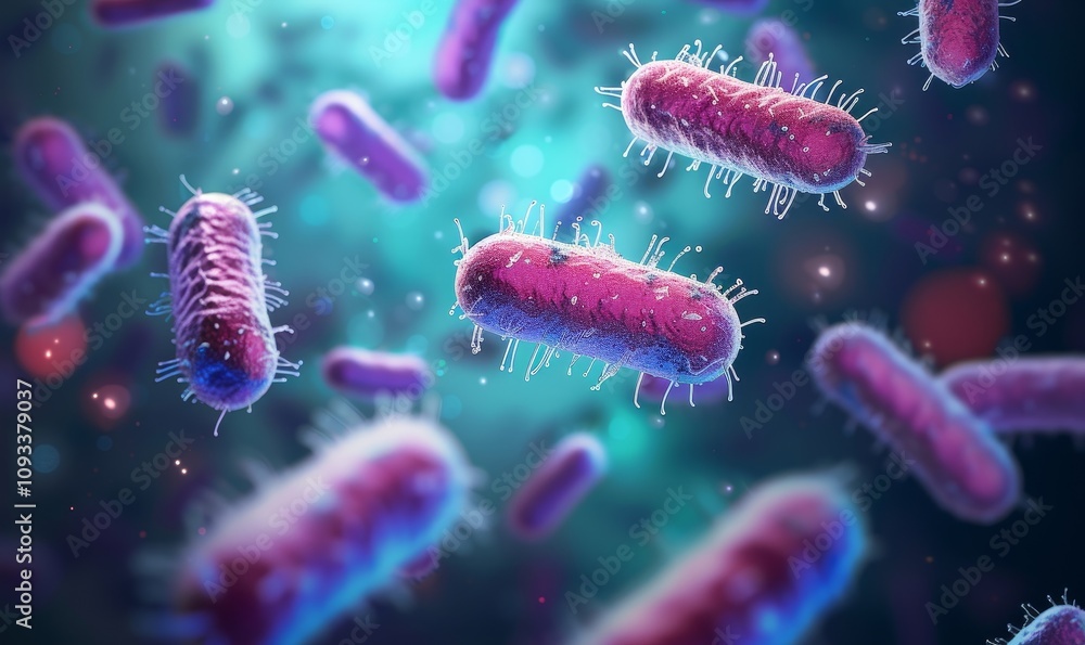 Naklejka premium Probiotics bacteria biology science microscopic medicine digestion stomach escherichia coli treatment health care medication anatomy organism, Generative AI