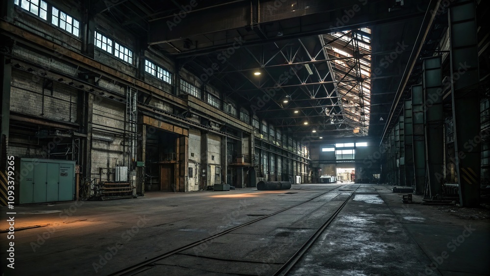 Dark industrial factory floor with exposed machinery, gritty textures, abandoned equipment, grunge industrial background, metal beams, dim lighting Dark industrial factory floor with exposed machinery, gritty textures, abandoned equipment, grunge industrial background, metal beams, dim lighting