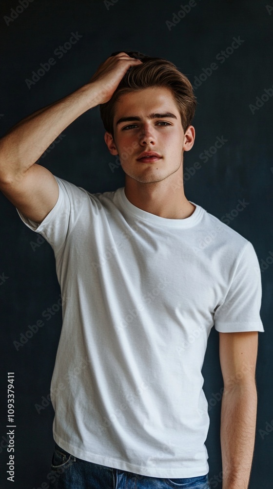 Confident young man in white t-shirt poses against dark background, hand in hair, exuding casual charm and modern style in this striking portrait. Confident young man in white t-shirt poses against dark background, hand in hair, exuding casual charm and modern style in this striking portrait.