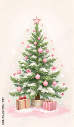 Festive Christmas tree decorated with pink ornaments and gifts on a light background