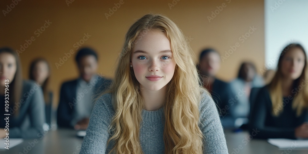 A young woman sits confidently at a conference table, surrounded by peers. A young woman sits confidently at a conference table, surrounded by peers.