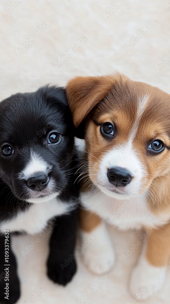 Adorable puppy duo: a black and white pup with a brown and white companion, both with soulful eyes, posing together in a heartwarming close-up portrait. Adorable puppy duo: a black and white pup with a brown and white companion, both with soulful eyes, posing together in a heartwarming close-up portrait.