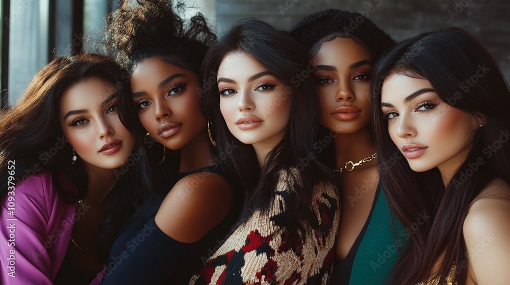 Diverse group of five beautiful young women with flawless makeup and styled hair posing together, showcasing unity in diversity and feminine beauty. Diverse group of five beautiful young women with flawless makeup and styled hair posing together, showcasing unity in diversity and feminine beauty.