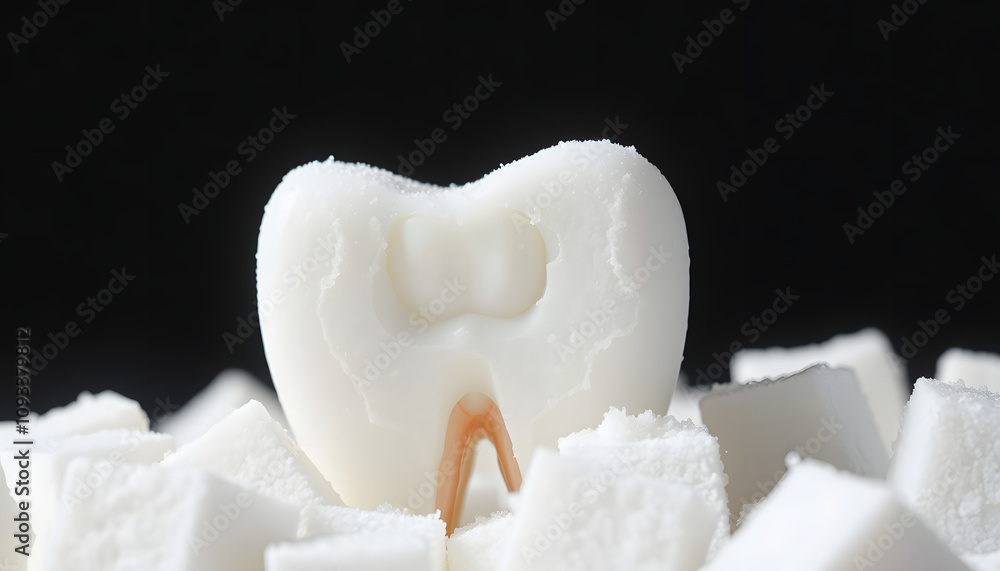 the carious tooth of sugar cubes of refined sugar, preventing tooth decay, caring for the health of your teeth, the causes of caries isolated with white highlights, png