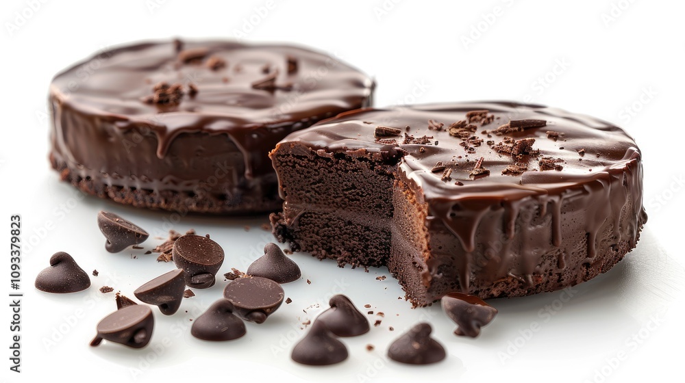 Two chocolate cakes with a slice cut out, surrounded by chocolate chips. Two chocolate cakes with a slice cut out, surrounded by chocolate chips.
