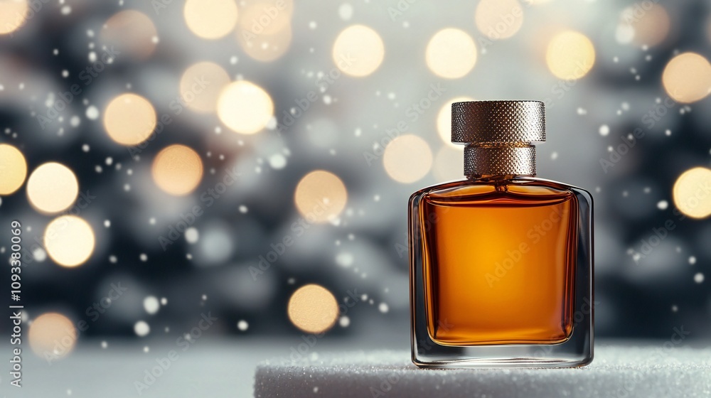 Luxurious Amber Perfume Bottle Festive Winter Lights Background Luxurious Amber Perfume Bottle Festive Winter Lights Background