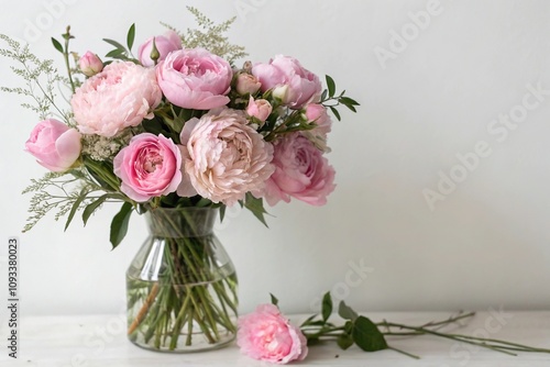 Delicate pink peonies and roses arranged in a vase with a minimalist background for visual appeal, spring blooms, garden flowers, fresh flowers