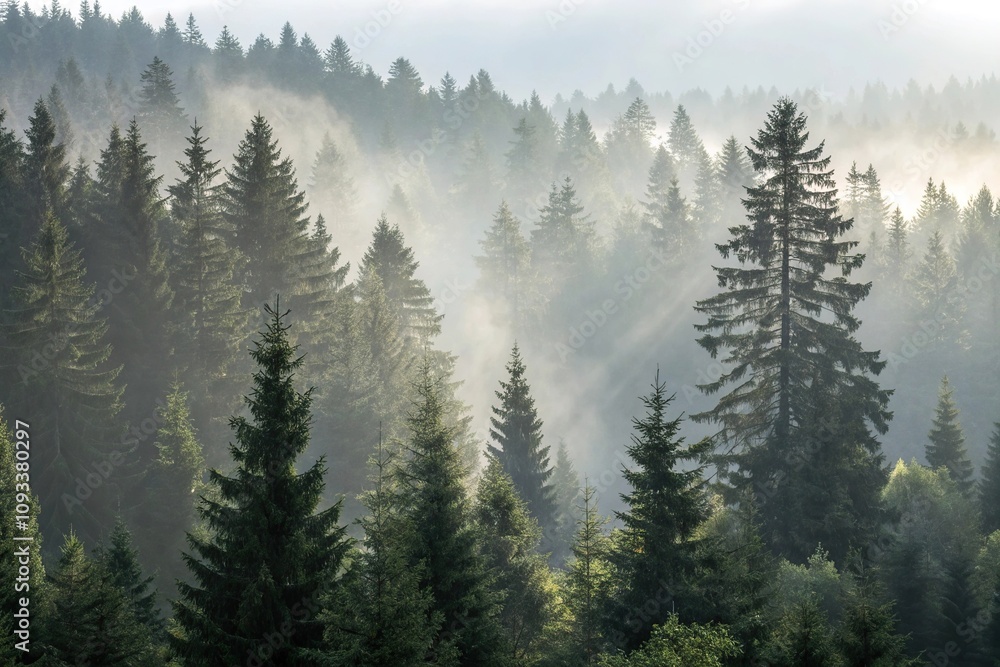 Dense fir forest swathed in a soft gray mist, with sunlight filtering through the canopy, fir, retro, dense, woodsy Dense fir forest swathed in a soft gray mist, with sunlight filtering through the canopy, fir, retro, dense, woodsy
