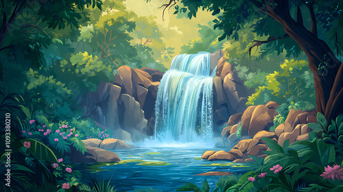 Magical forest vistas showcasing inviting waterfall oasis photos. Majestic Waterfall Oasis. Illustration