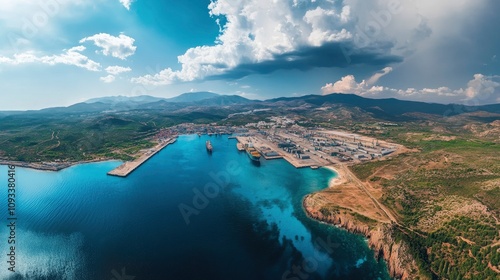 Aerial panoramic photo of industrial shipyard of Perama and Drapetsona cargo Terminal near Salamina island, Attica, Greece with generative ai photo