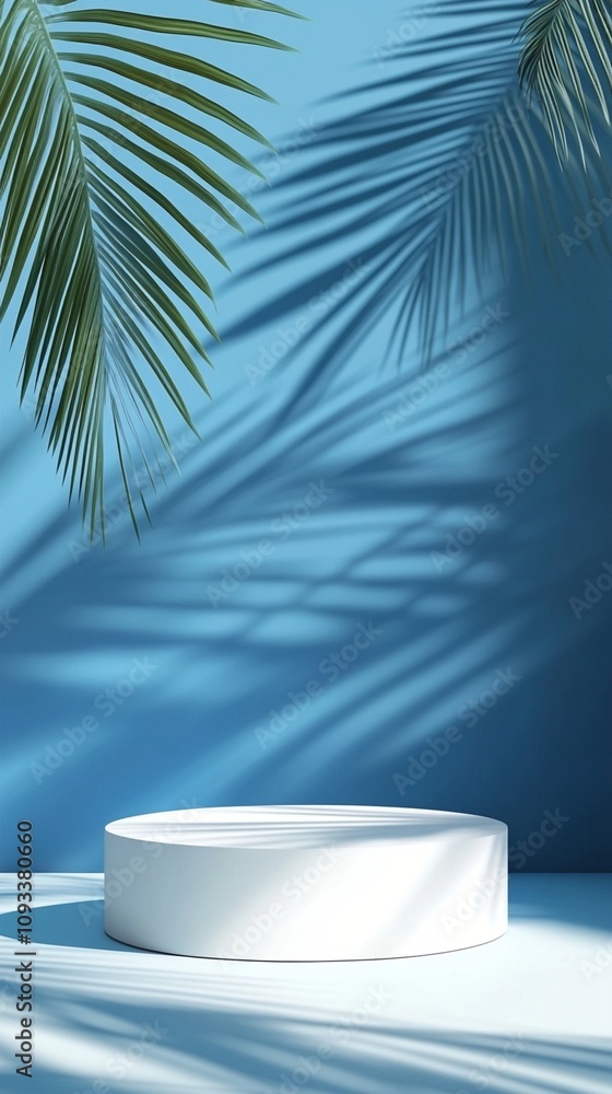 Tropical paradise meets modern design: white podium under swaying palm shadows on azure wall, creating a serene and stylish product display scene. Tropical paradise meets modern design: white podium under swaying palm shadows on azure wall, creating a serene and stylish product display scene.