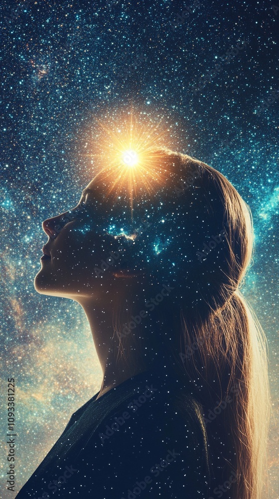 Obraz premium Silhouette of a woman's profile against a starry night sky, with a bright cosmic light emanating from her forehead, symbolizing inner wisdom and universal connection.