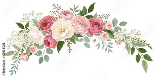 Fototapeta Naklejka Na Ścianę i Meble -  Elegant floral garland with roses peonies and baby's breath, rose arrangement, elegant wedding, baby's breath, floral garland, vintage elegance