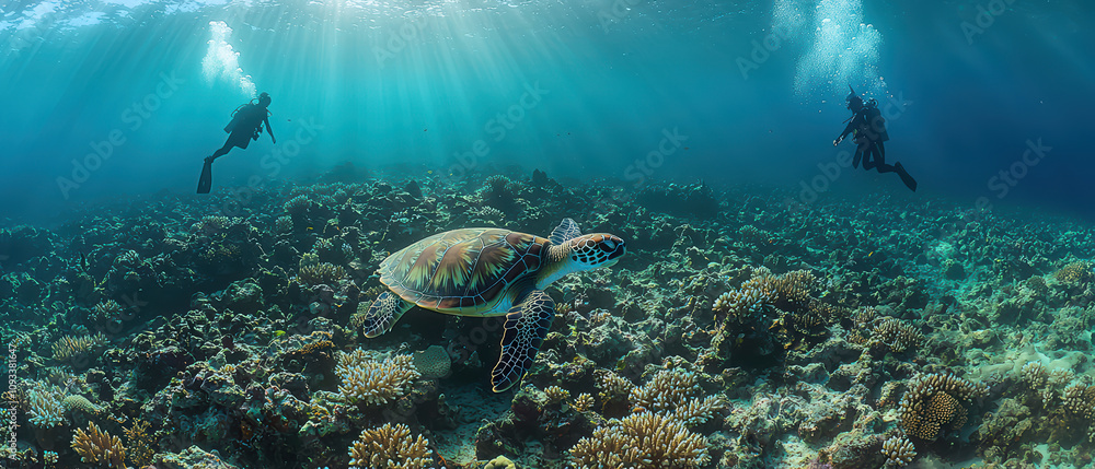 Fototapeta premium High resolution photograph of sea turtle swimming gracefully among vibrant coral reefs, with divers exploring underwater world