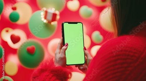 Close up female hands holding phone with empty green screen in red wool sweater, big cartoon drawn circles with gifts inside circles flying around phone, Valentine's day background, bokeh