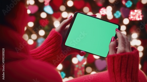 Close up female hands holding phone with empty green screen in red wool sweater, big cartoon drawn circles with gifts inside circles flying around phone, Valentine's day background, bokeh