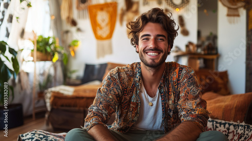 Uśmiechnięty mężczyzna w domowym otoczeniu w stylu boho, z miękkimi dywanami, wzorzystymi poduszkami i delikatnym światłem. photo